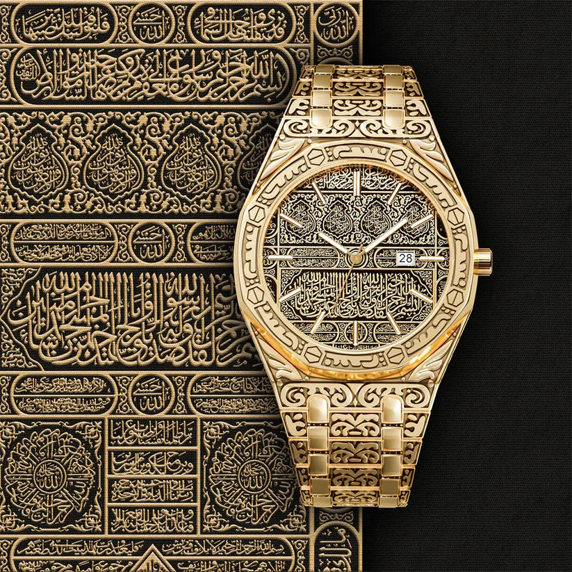 🕋 Kaaba-Inspired Arabic Luxury Golden Watch – Elegant Timepiece with Quranic Design