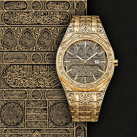 🕋 Kaaba-Inspired Arabic Luxury Golden Watch – Elegant Timepiece with Quranic Design